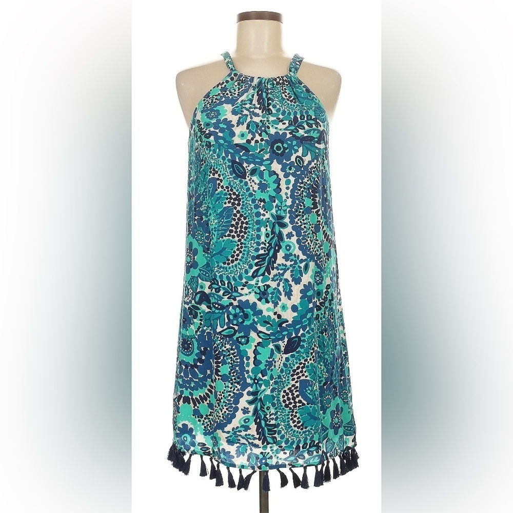 Trina Turk Blue Green Floral Halter Dress Tassel Hem Women’s Size 2 NWT - Picture 2 of 6